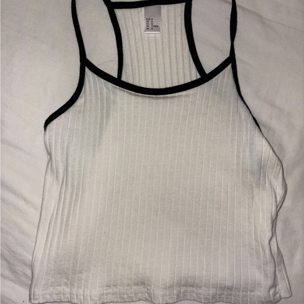 White Ribbed Tank Top with Black Trim